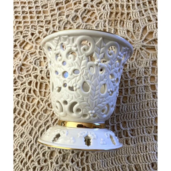 Lenox Ceramic Candle Holder With Gold Accents Floral Cutout Design 4.5" H VNT - Picture 4 of 5